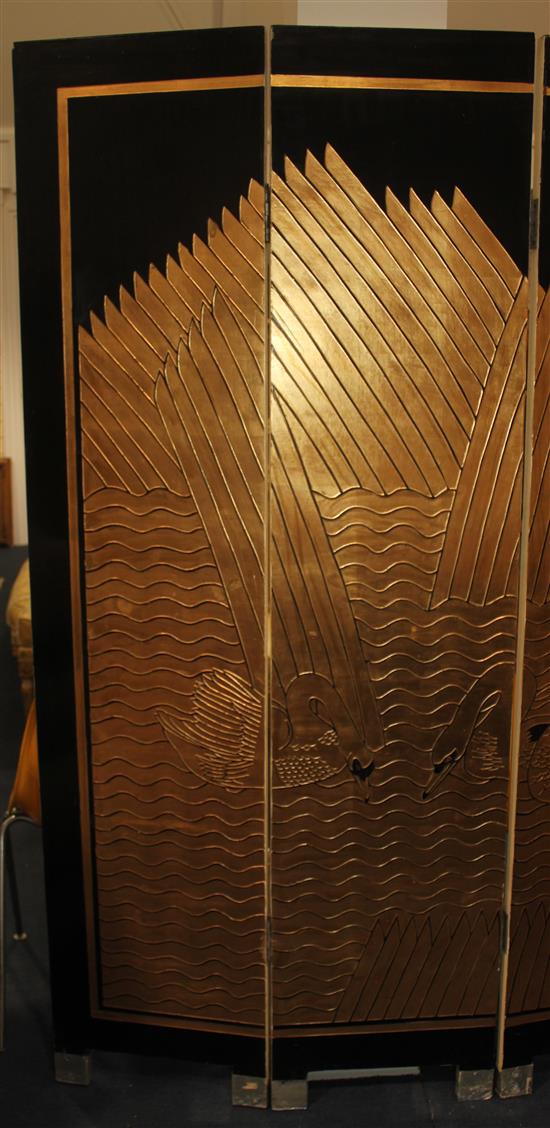 A 20th century black lacquered and part gilded four fold screen, H.6ft 6in.